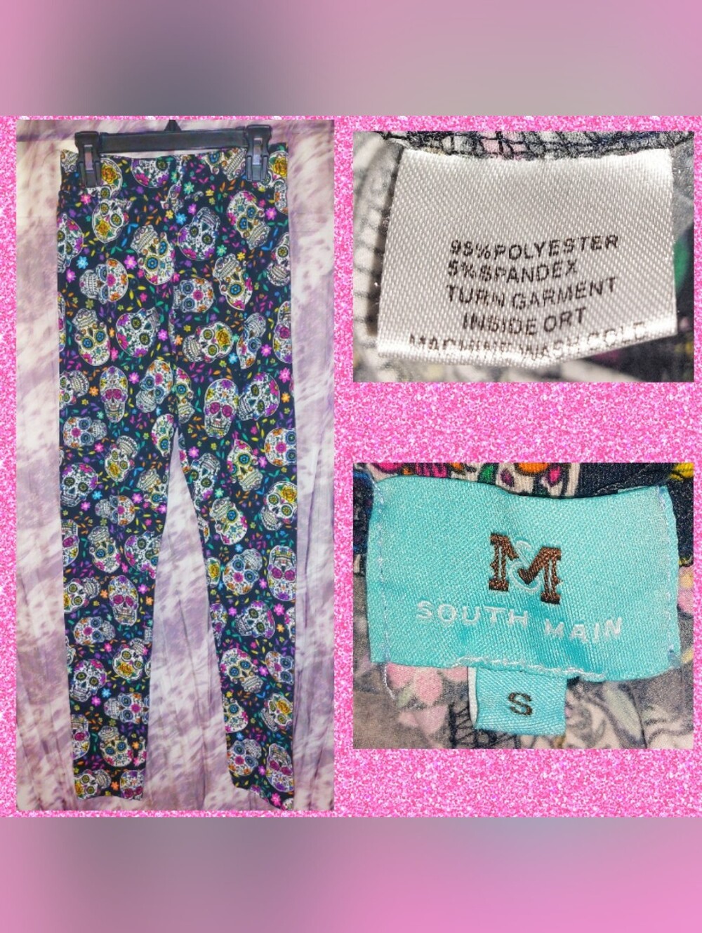 South Main Blk/Multiclr Sugar Skulls/Floral Print Full Length Knit Leggings Sz S